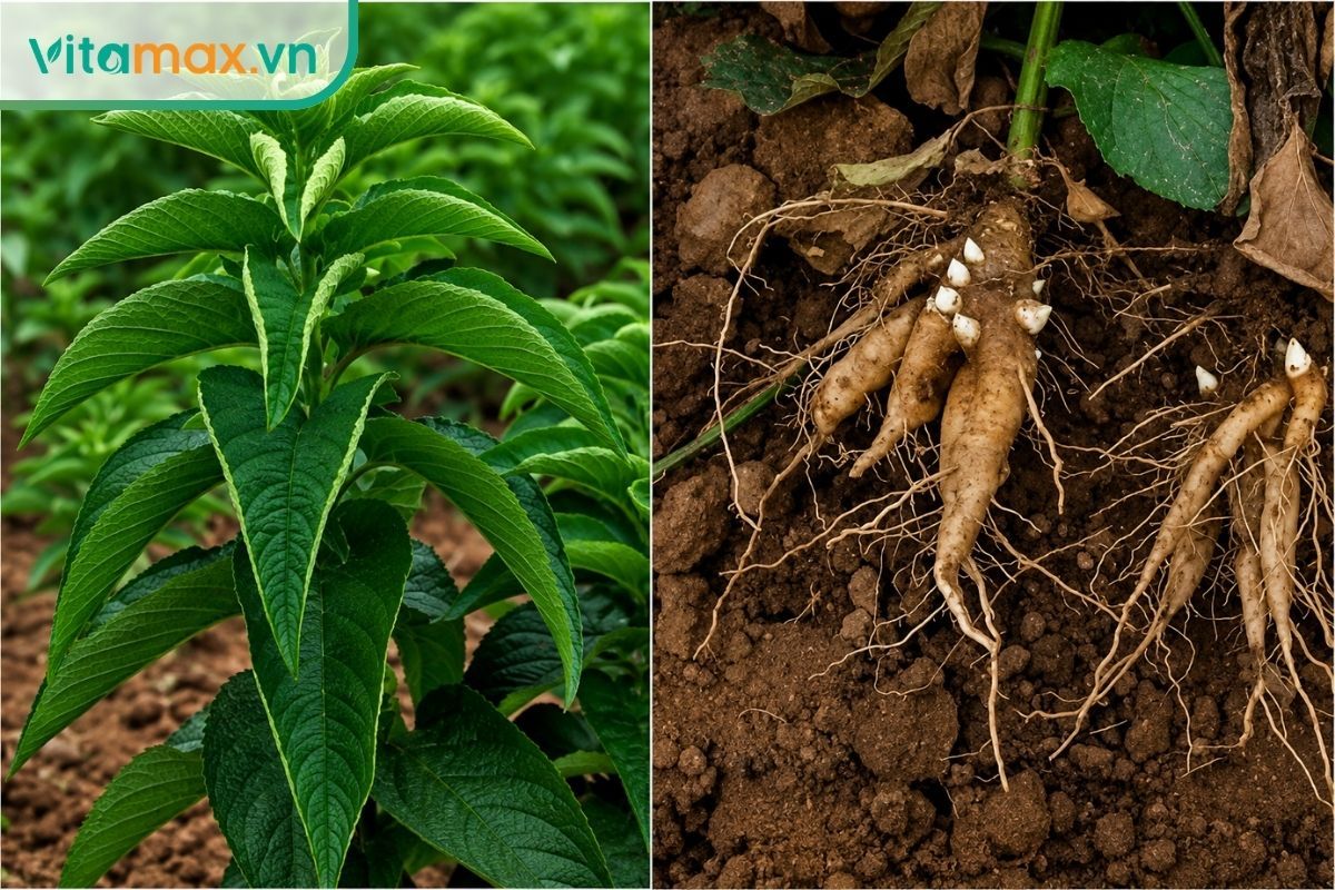 Cây huyền sâm với lá xanh mọc đối và phần rễ củ nằm trong đất