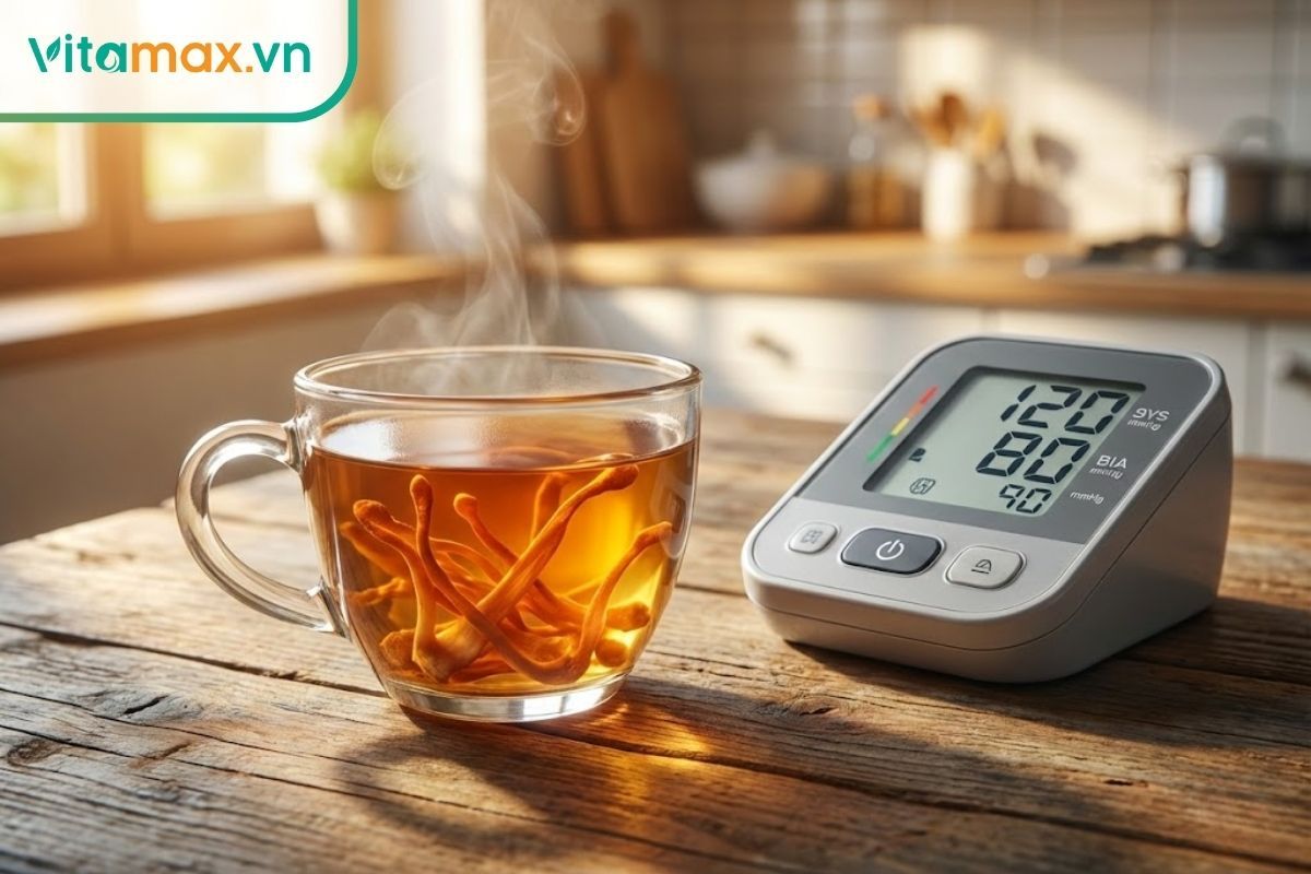 Ly trà đông trùng hạ thảo màu vàng cam đặt cạnh máy đo huyết áp trên bàn gỗ, minh họa cho việc người huyết áp thấp dùng thảo dược.