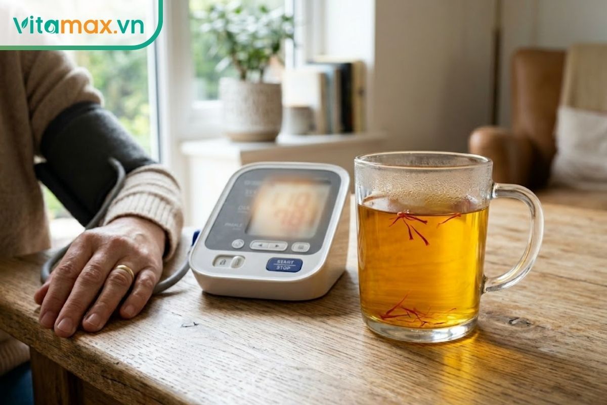 Một ly trà saffron màu vàng hổ phách đặt cạnh máy đo huyết áp điện tử cá nhân trên bàn gỗ phòng khách, ánh sáng tự nhiên.