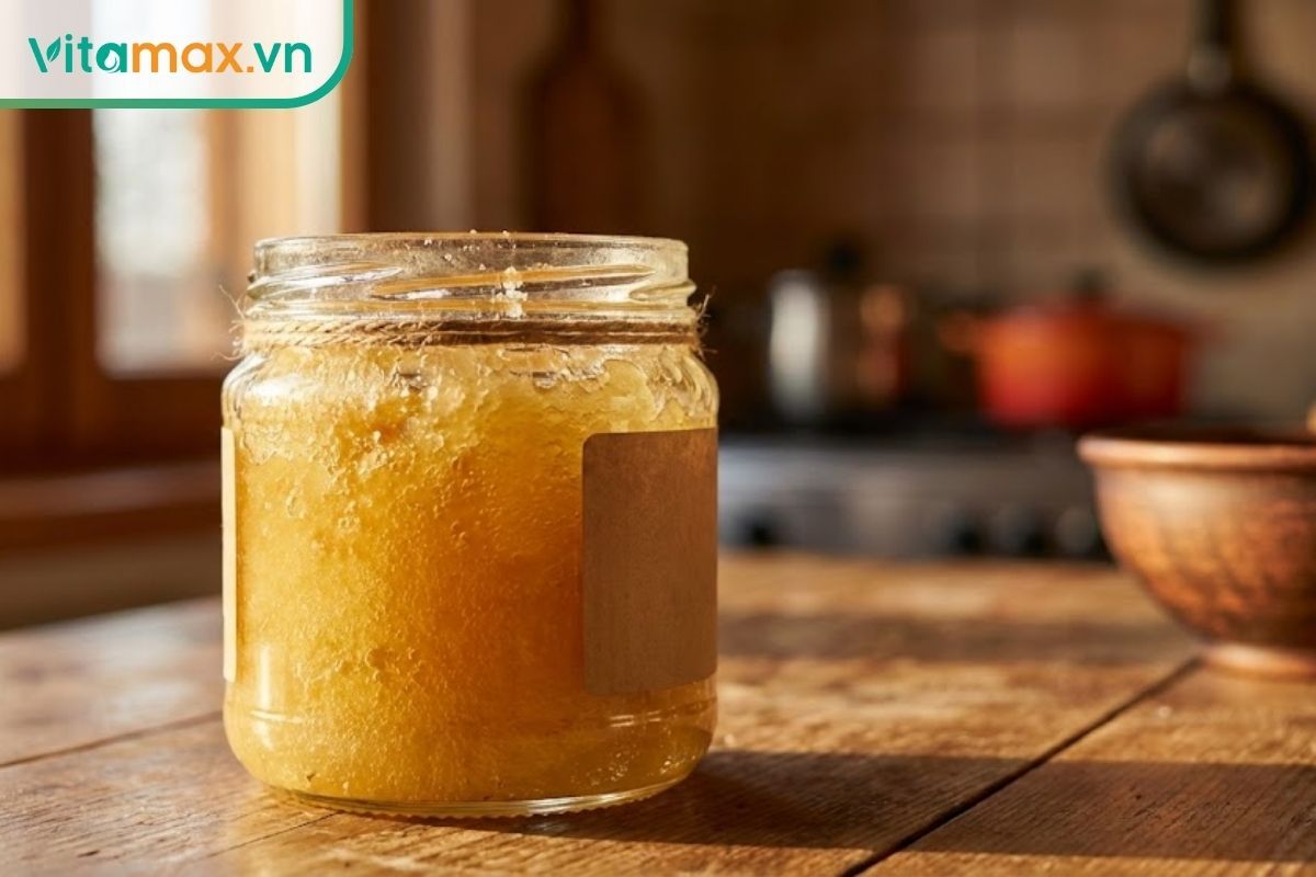 Hũ thủy tinh chứa mật ong nguyên chất đang có hiện tượng đóng đường kết tinh tự nhiên dưới ánh nắng.