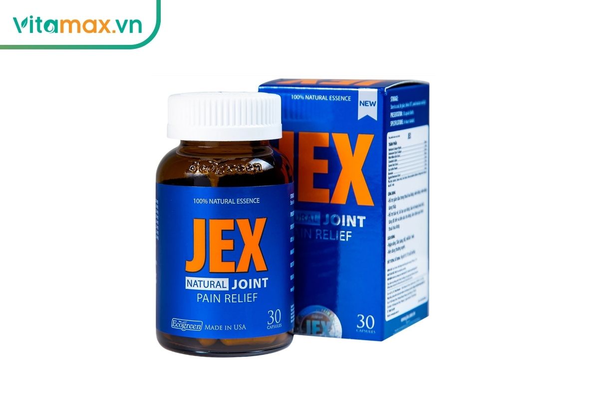 Lọ và hộp Jex Max 30 viên màu xanh cam, bao bì sản phẩm hỗ trợ khớp được chụp rõ trên nền trắng.