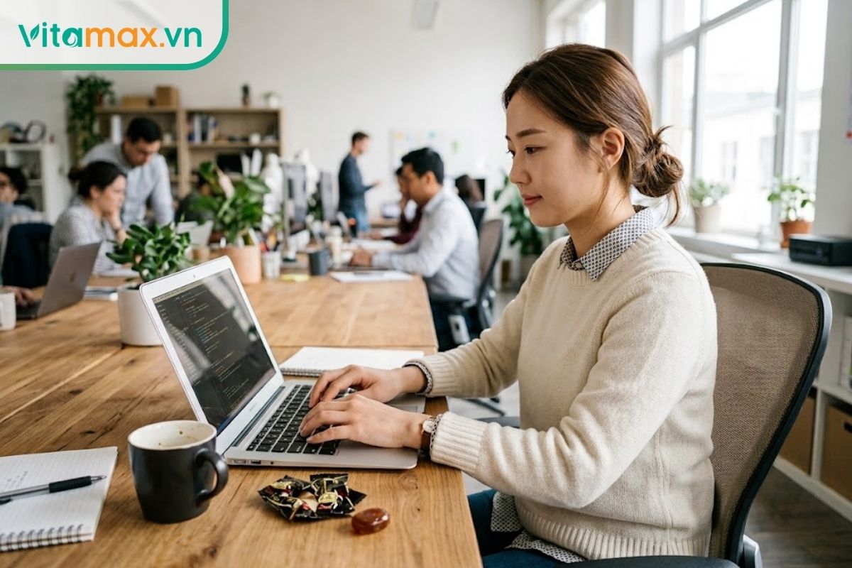 Một nữ nhân viên văn phòng đang ngồi làm việc tập trung trước laptop, trên bàn có một viên kẹo sâm Hàn Quốc bóc dở.