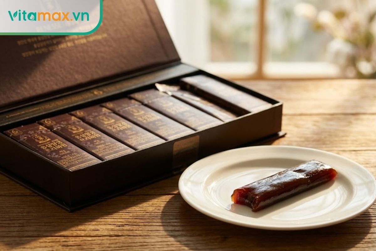 Thanh kẹo dẻo hồng sâm KGC được bóc vỏ để lộ kết cấu mềm dẻo, đặt cạnh hộp quà sang trọng.