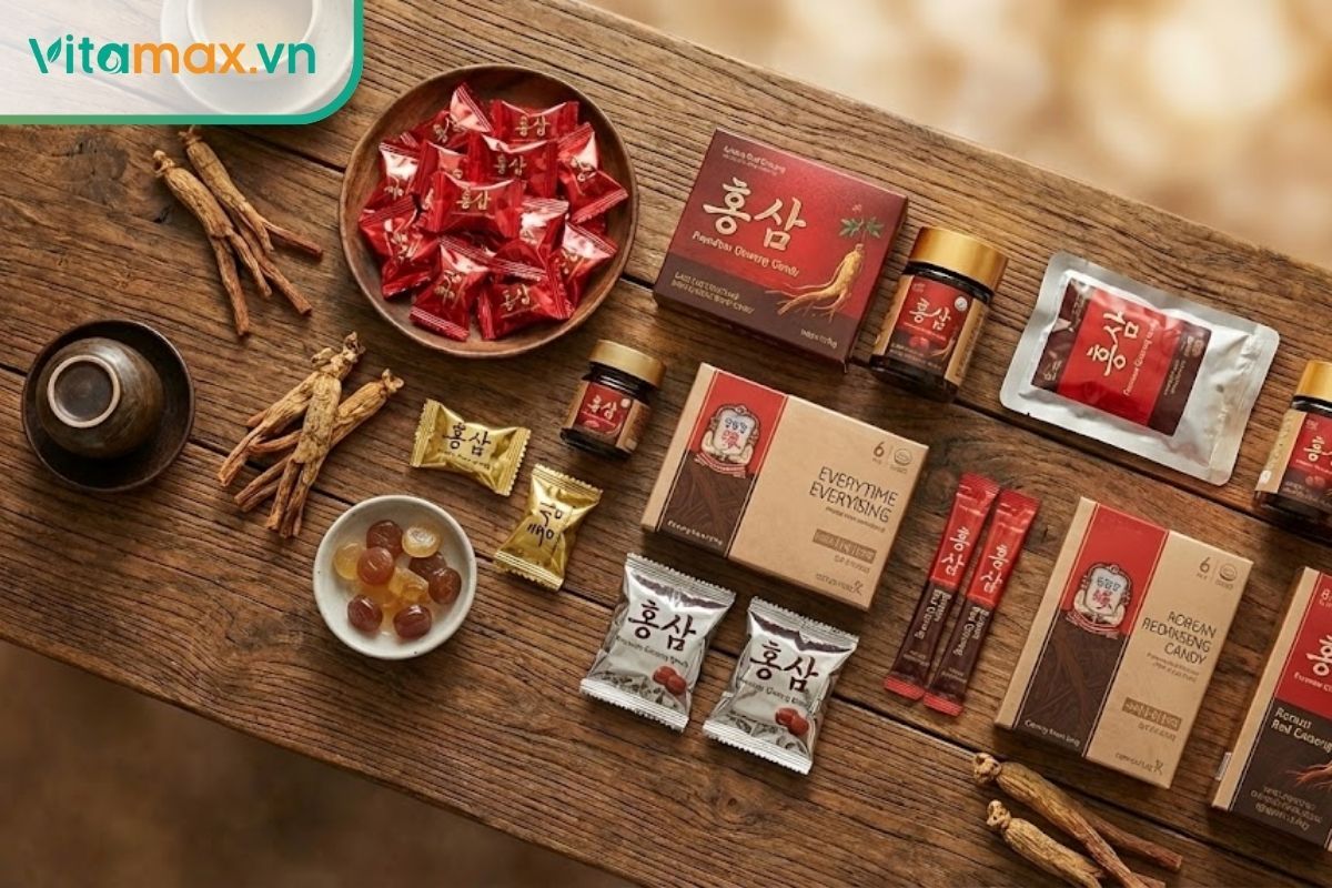 Các loại kẹo sâm Hàn Quốc cao cấp được bày trí đẹp mắt trên bàn, minh họa cho top sản phẩm tốt nhất 2026.
