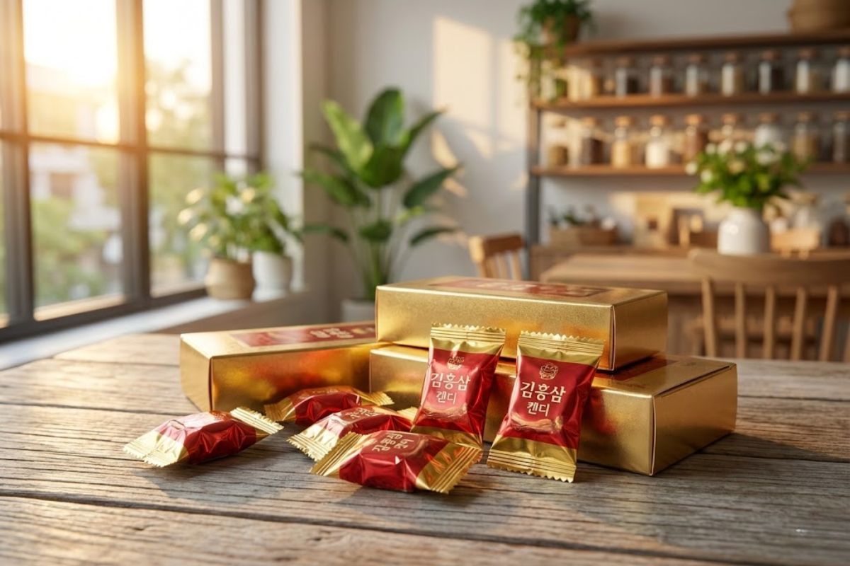 Hộp quà kẹo hồng sâm Hàn Quốc màu vàng đỏ sang trọng đặt trên bàn gỗ, xung quanh là các viên kẹo rời.