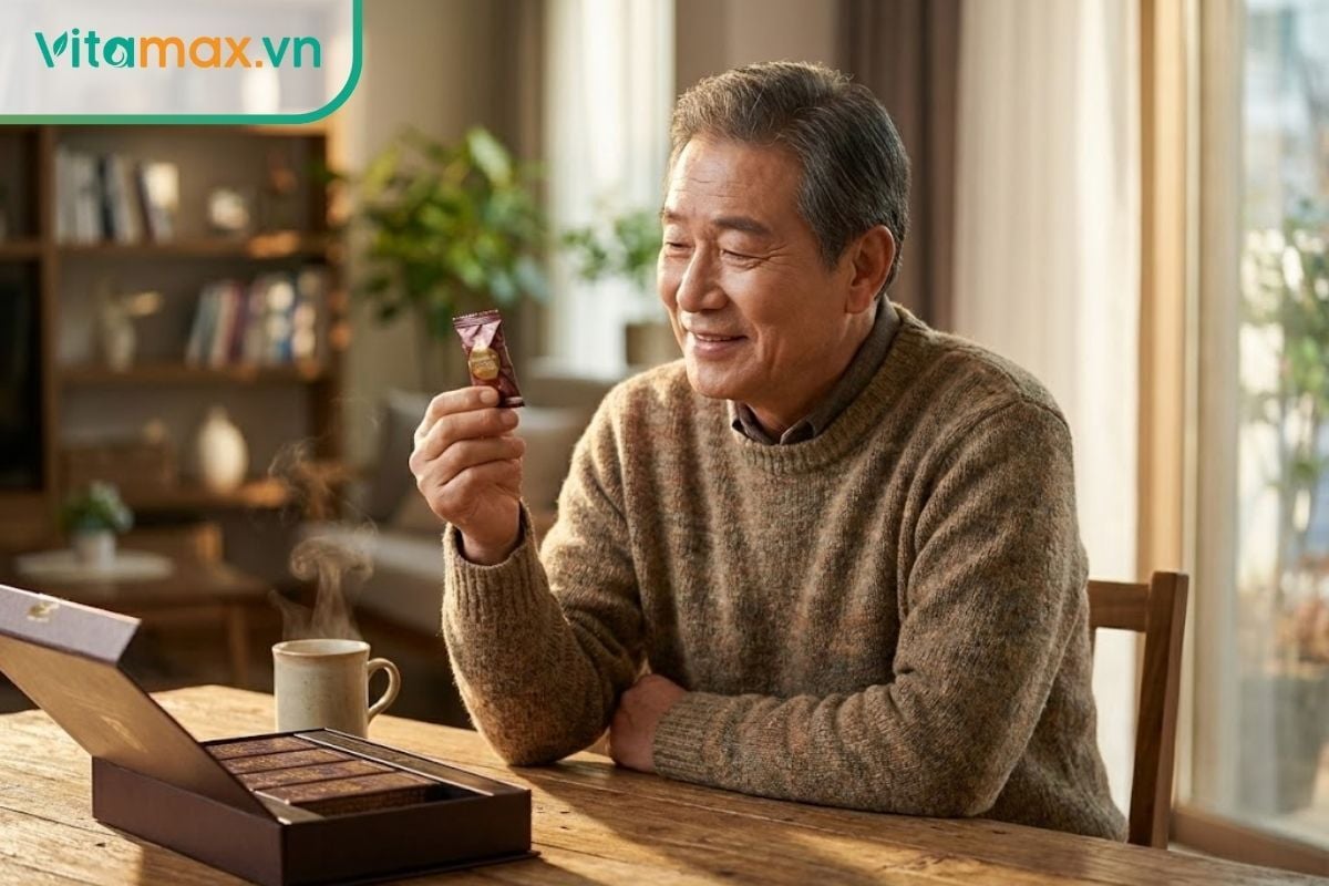 gười cao tuổi thưởng thức trà và kẹo hồng sâm để tăng cường sức khỏe