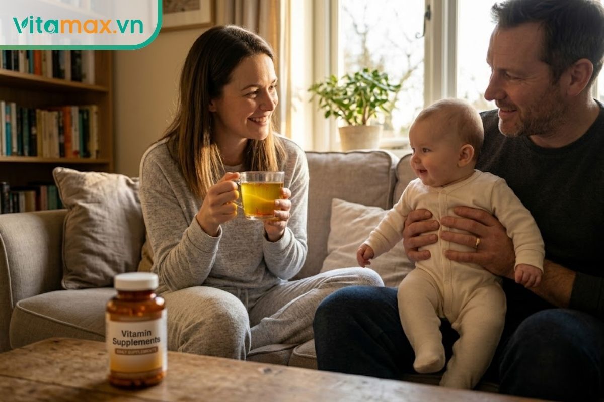 Chụp bằng điện thoại, đời thực và ấm áp của một gia đình nhỏ 3 người trong phòng khách vào buổi chiều. Mẹ đang ngồi trên sofa, cầm ly trà saffron màu vàng hổ phách, mỉm cười nhìn bố đang bế em bé 3 tháng tuổi.
