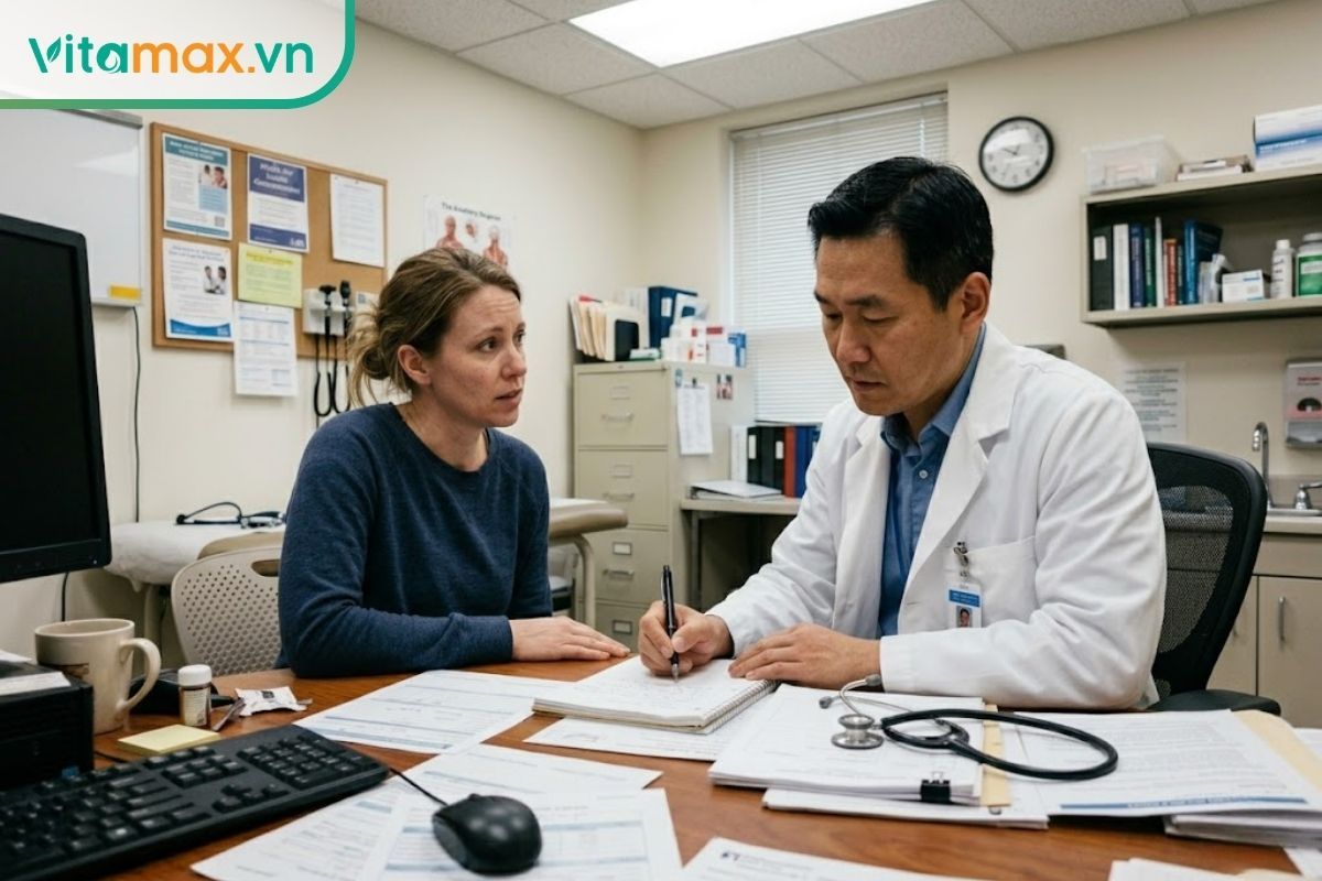 Một bệnh nhân đang ngồi trao đổi nghiêm túc với bác sĩ tại phòng khám về tình trạng tiêu hóa không được cải thiện.