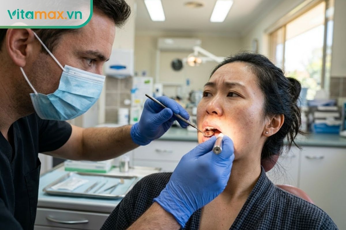 Bác sĩ đang sử dụng dụng cụ y tế và đèn chiếu để kiểm tra kỹ lưỡng các vết loét bất thường trong khoang miệng của bệnh nhân.