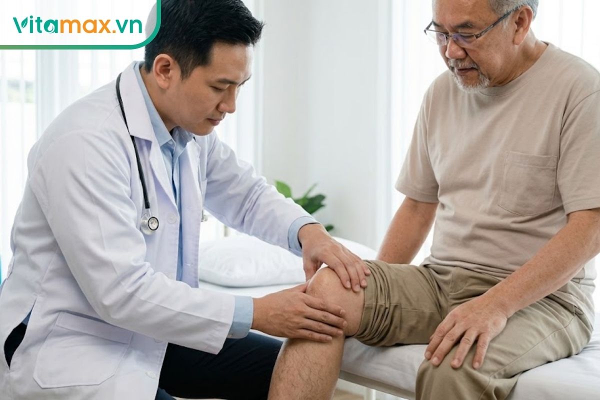 Một bác sĩ chuyên khoa đang cẩn thận dùng tay kiểm tra vùng khớp gối bị sưng đau của một nam bệnh nhân lớn tuổi trong phòng khám sáng sủa.
