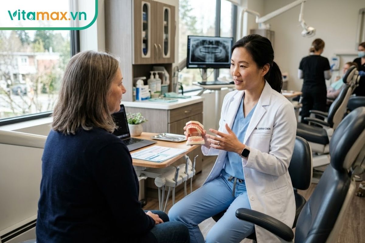 Bác sĩ nha khoa mặc áo blouse trắng đang ngồi đối diện tư vấn tận tình cho một bệnh nhân trong không gian phòng khám hiện đại, sáng sủa.