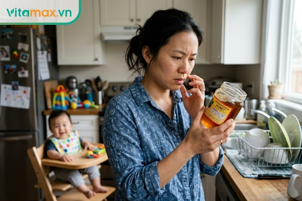 Hình ảnh người mẹ đang cẩn thận đọc nhãn lọ mật ong với vẻ mặt e ngại, phía sau là em bé nhỏ, minh họa cảnh báo không dùng mật ong cho trẻ dưới 1 tuổi.