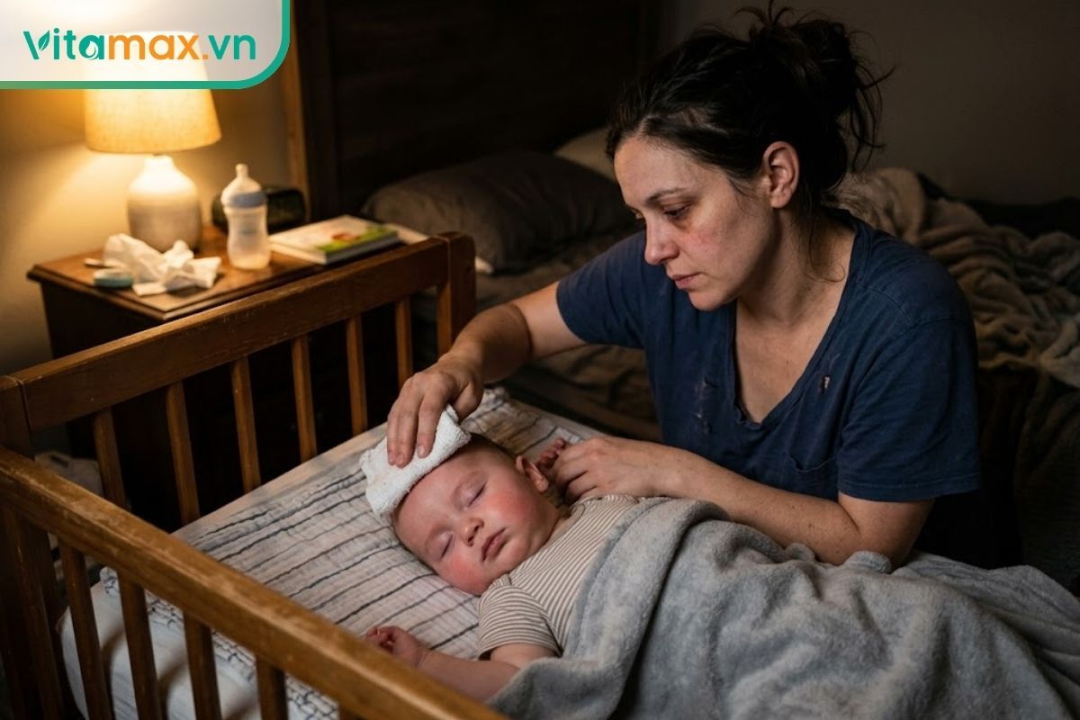 Người mẹ đang dùng khăn ấm chườm trán cho em bé dưới 1 tuổi đang bị sốt nằm trên giường.