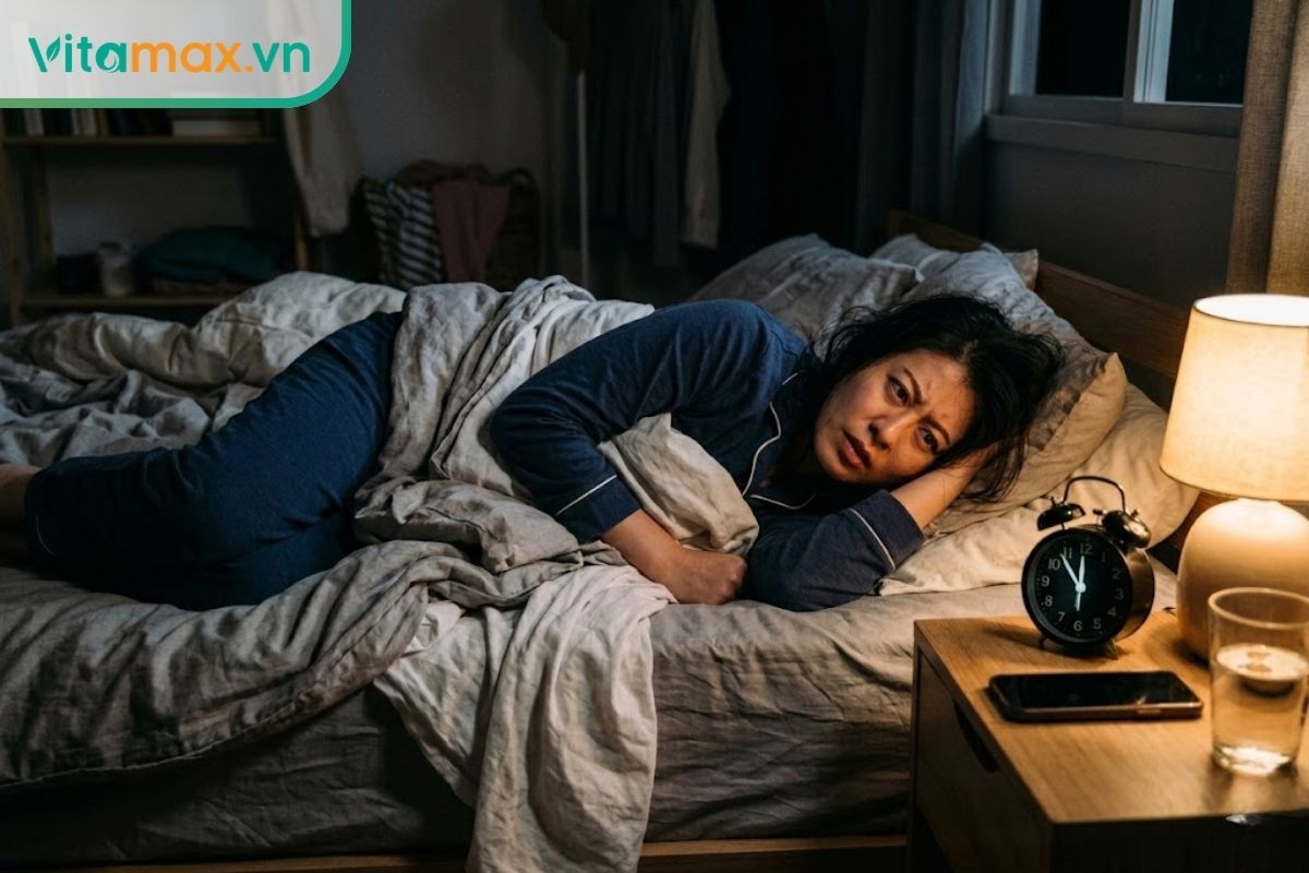 Một người phụ nữ đang trằn trọc khó ngủ trên giường trong không gian phòng ngủ thiếu sáng vào ban đêm.