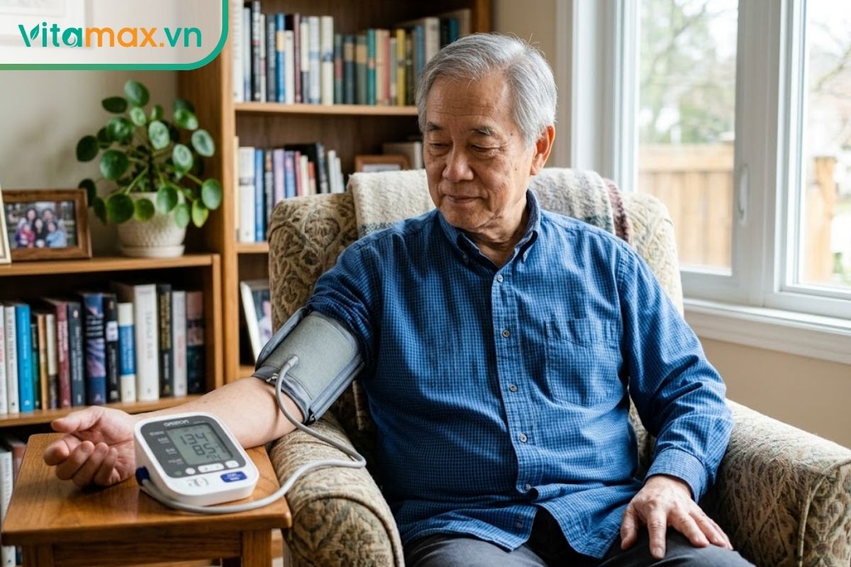Một người đàn ông lớn tuổi người châu Á đang ngồi thoải mái ở phòng khách, đeo vòng bít của máy đo huyết áp ở bắp tay với phong thái bình tĩnh.