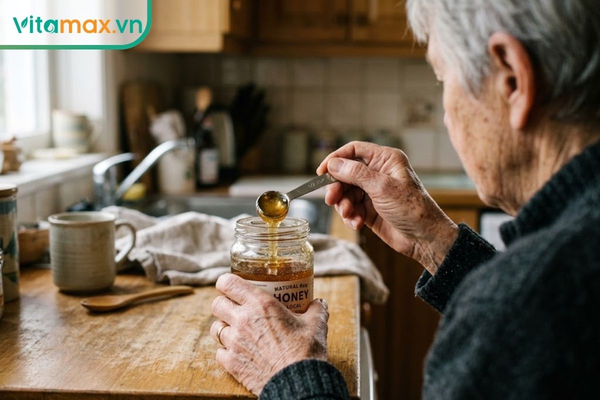 Bàn tay của một người lớn tuổi đang dùng chiếc thìa nhỏ cẩn thận lấy một lượng mật ong vừa đủ từ hũ, không đổ trực tiếp, để kiểm soát chặt chẽ lượng đường.