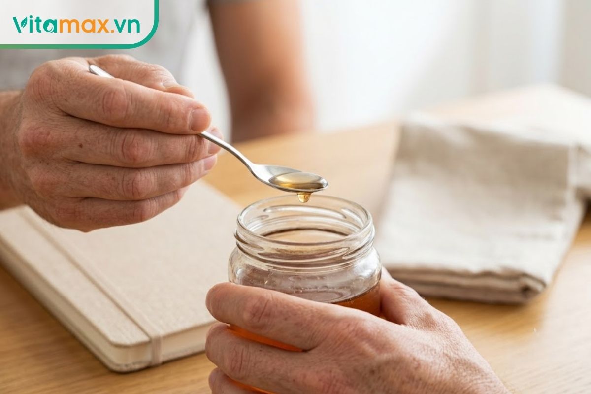 Một người đang cẩn thận dùng thìa đong đúng một muỗng cà phê mật ong nhỏ để kiểm soát lượng đường nạp vào cơ thể.