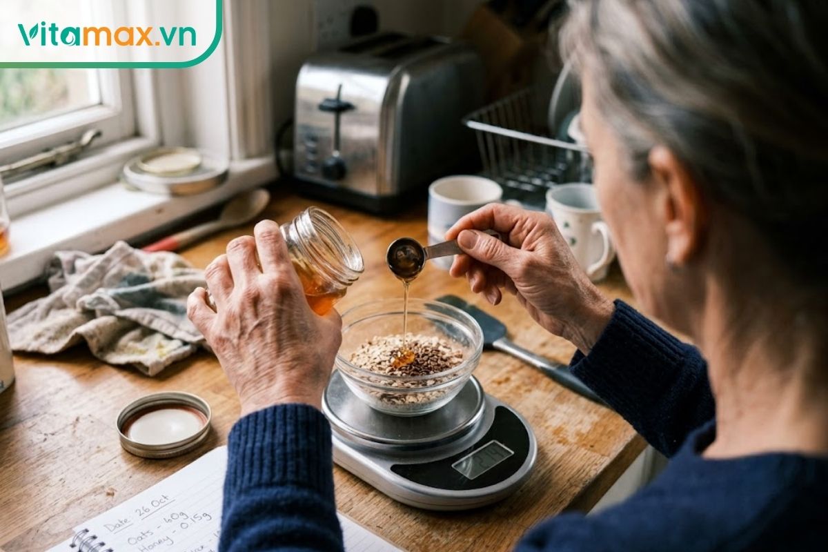 Đôi bàn tay của một người đang cẩn thận rót một lượng nhỏ mật ong vào bát đặt trên cân điện tử nhà bếp để kiểm soát chính xác lượng calo và đường nạp vào.