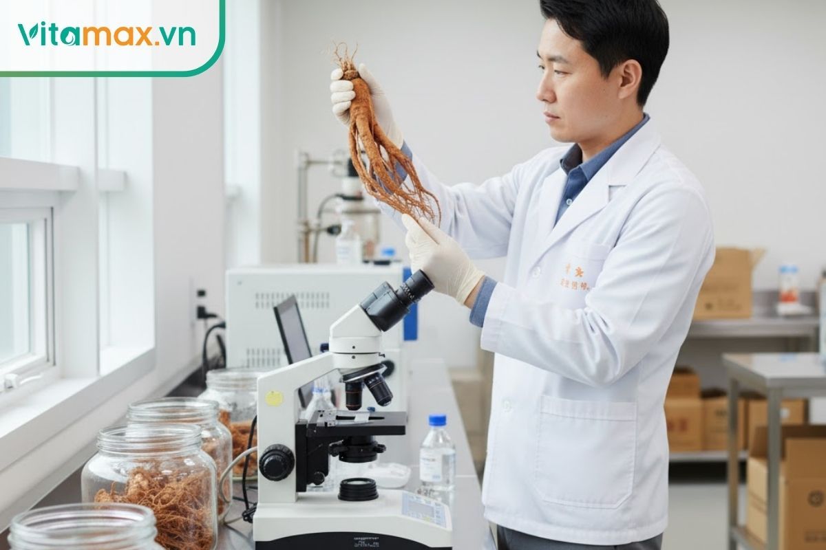 chuyên gia kiểm tra định kỳ chất lượng hồng sâm khô để đảm bảo không bị ẩm mốc