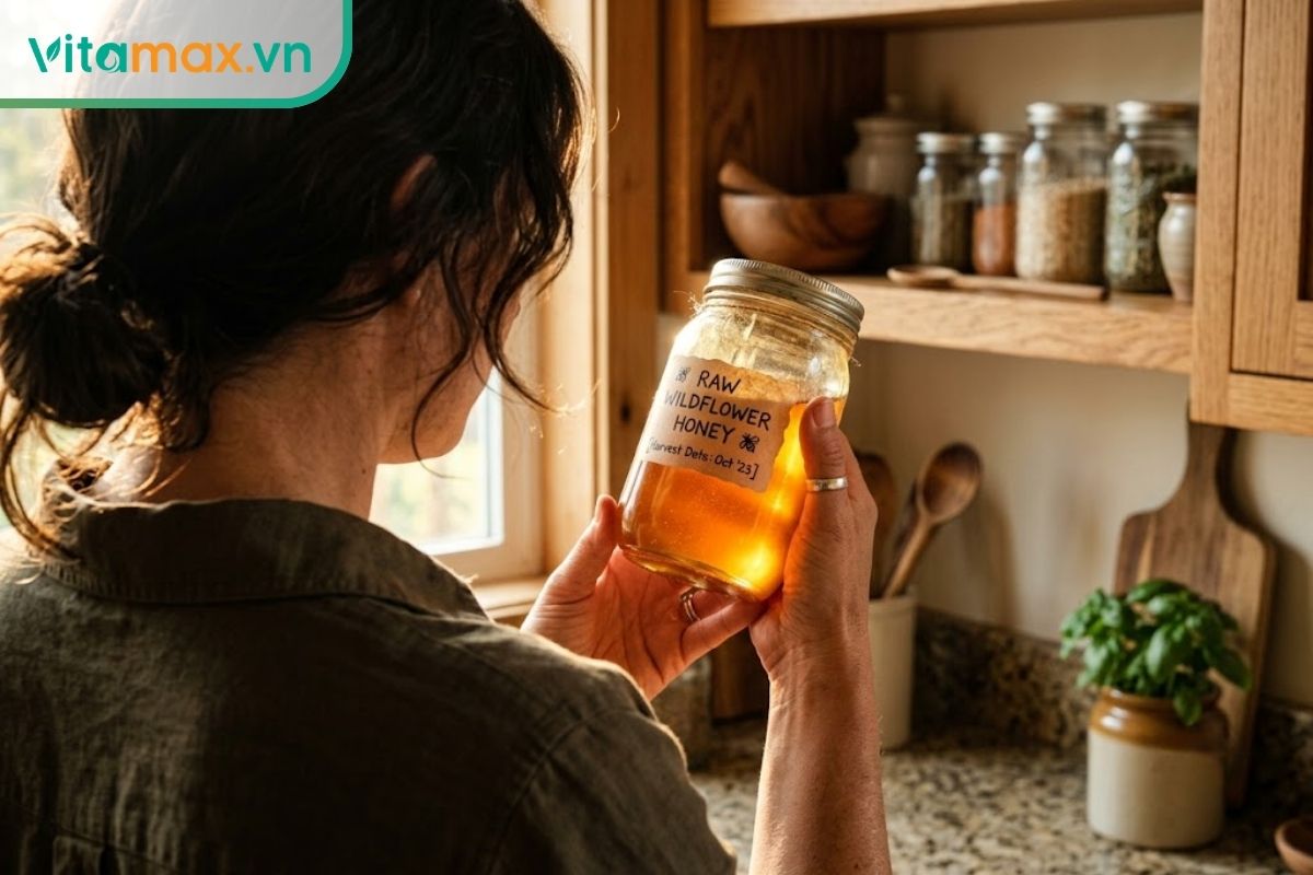 Bàn tay đang nâng một hũ thủy tinh đựng mật ong nguyên chất đặc sánh màu vàng sậm lên để kiểm tra dưới ánh sáng, bối cảnh phòng bếp phía sau.