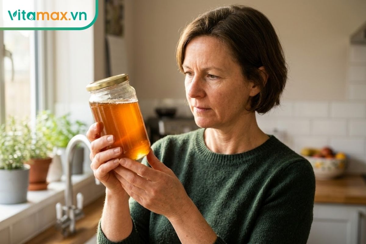 Một người đang giữ chai mật ong ở khoảng cách an toàn, quan sát độ trong và bọt khí sau khi đã xả áp suất khí gas.