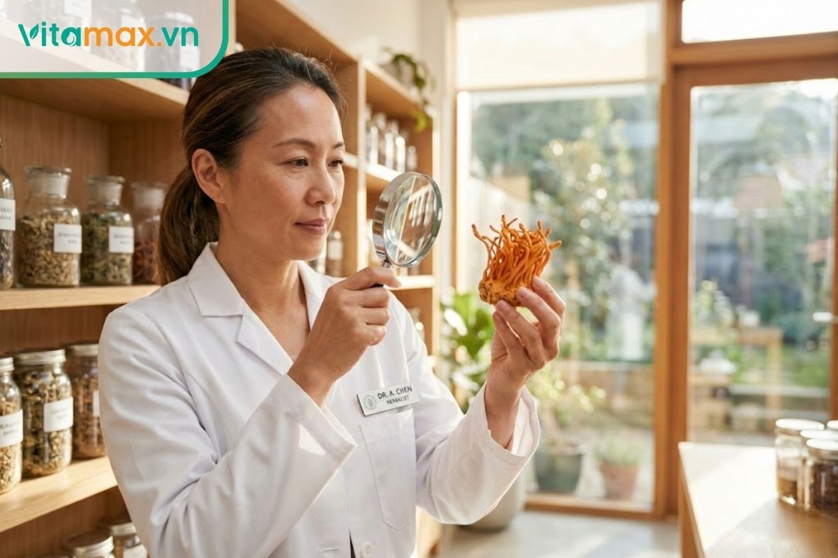 Chuyên gia đang dùng kính lúp kiểm tra kỹ lưỡng bề mặt nấm đông trùng hạ thảo để phát hiện dấu hiệu nấm mốc.