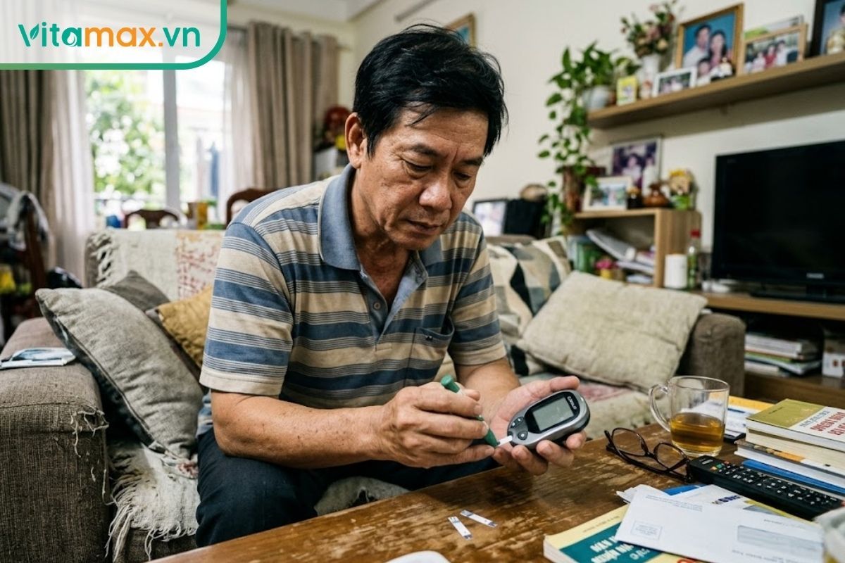 Hình ảnh chân thực một người lớn tuổi đang tự đo đường huyết tại nhà để kiểm tra tình trạng sức khỏe sau bữa ăn.