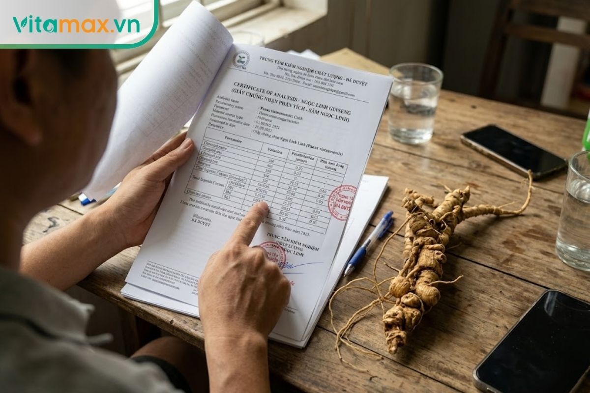 Người mua đang cẩn thận đối chiếu giấy kiểm định chất lượng và hồ sơ lô hàng bên cạnh củ sâm Ngọc Linh để tránh rủi ro hàng giả.
