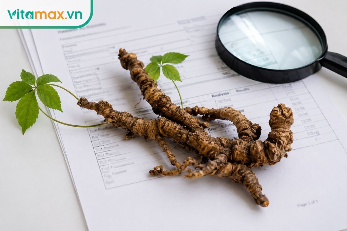 Một phần củ sâm tươi được đặt phía trên một xấp giấy tờ báo cáo kiểm nghiệm phòng thí nghiệm (COA) với các hàng chữ bị làm mờ tự nhiên, kèm theo một chiếc kính lúp nhỏ.