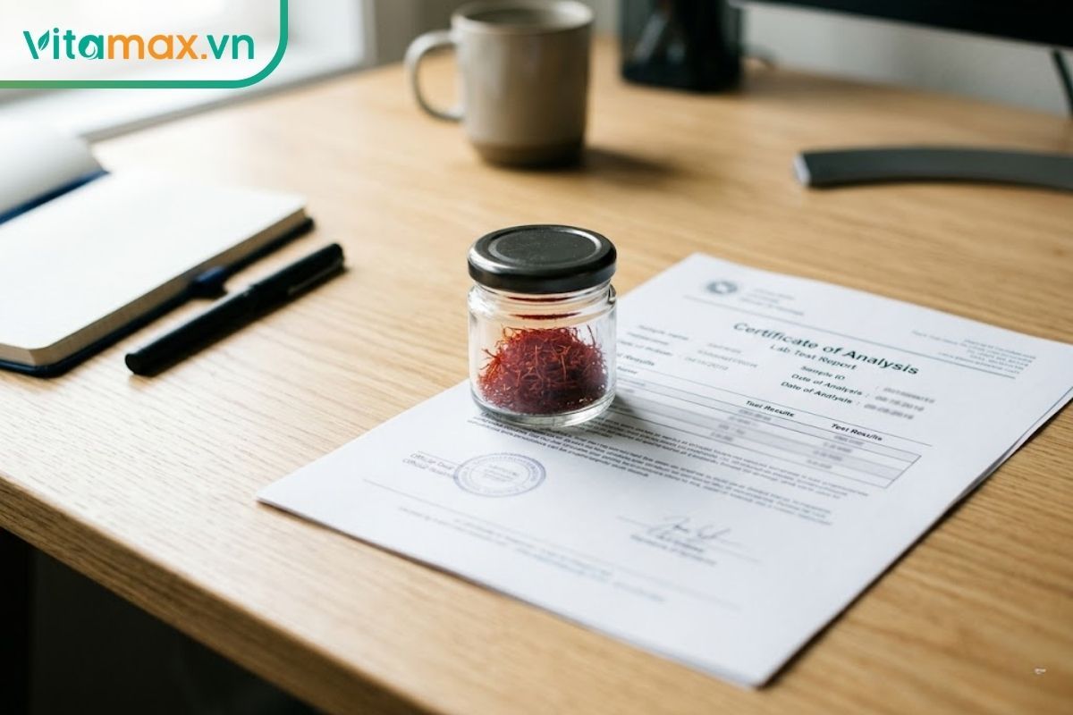 Một lọ thủy tinh đựng nhụy hoa nghệ tây cao cấp đặt cạnh các tài liệu, hồ sơ kiểm nghiệm chất lượng sản phẩm trên bàn làm việc.