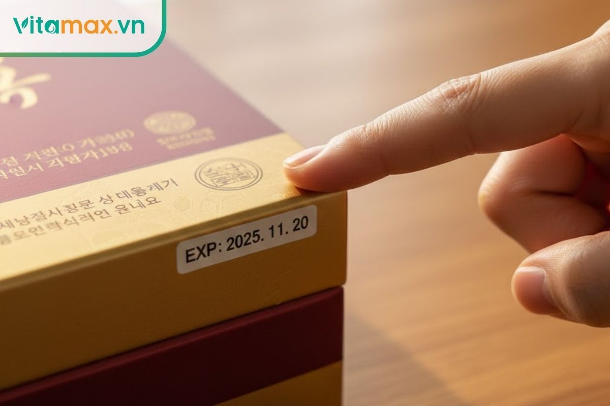 tay người chỉ vào ngày hết hạn in trên hộp sâm hàn quốc