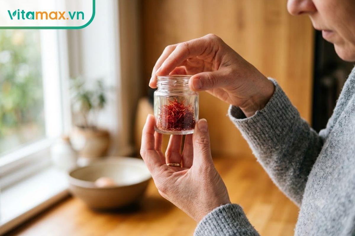 Cận cảnh một người phụ nữ đang cầm lọ thủy tinh nhỏ chứa nhụy hoa nghệ tây trên tay, kiểm tra dưới ánh sáng tự nhiên trong không gian bếp.