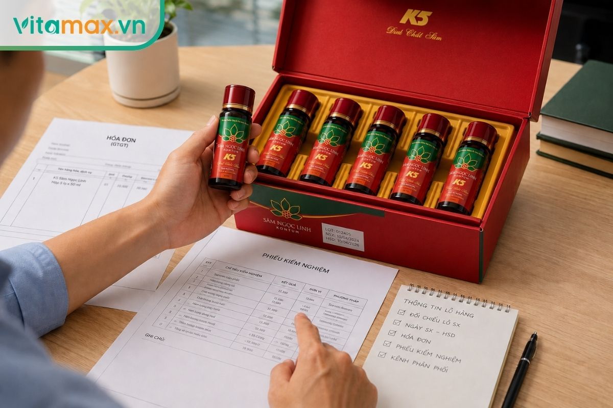 Người mua đối chiếu hộp dịch chiết Sâm Ngọc Linh K5 với hóa đơn, phiếu kiểm nghiệm và thông tin lô hàng trước khi mua.