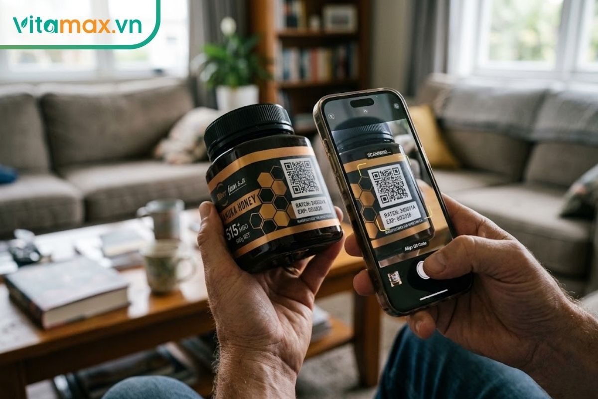 Người dùng đang cầm điện thoại thông minh để quét mã QR và kiểm tra batch code trên thân lọ mật ong Manuka.