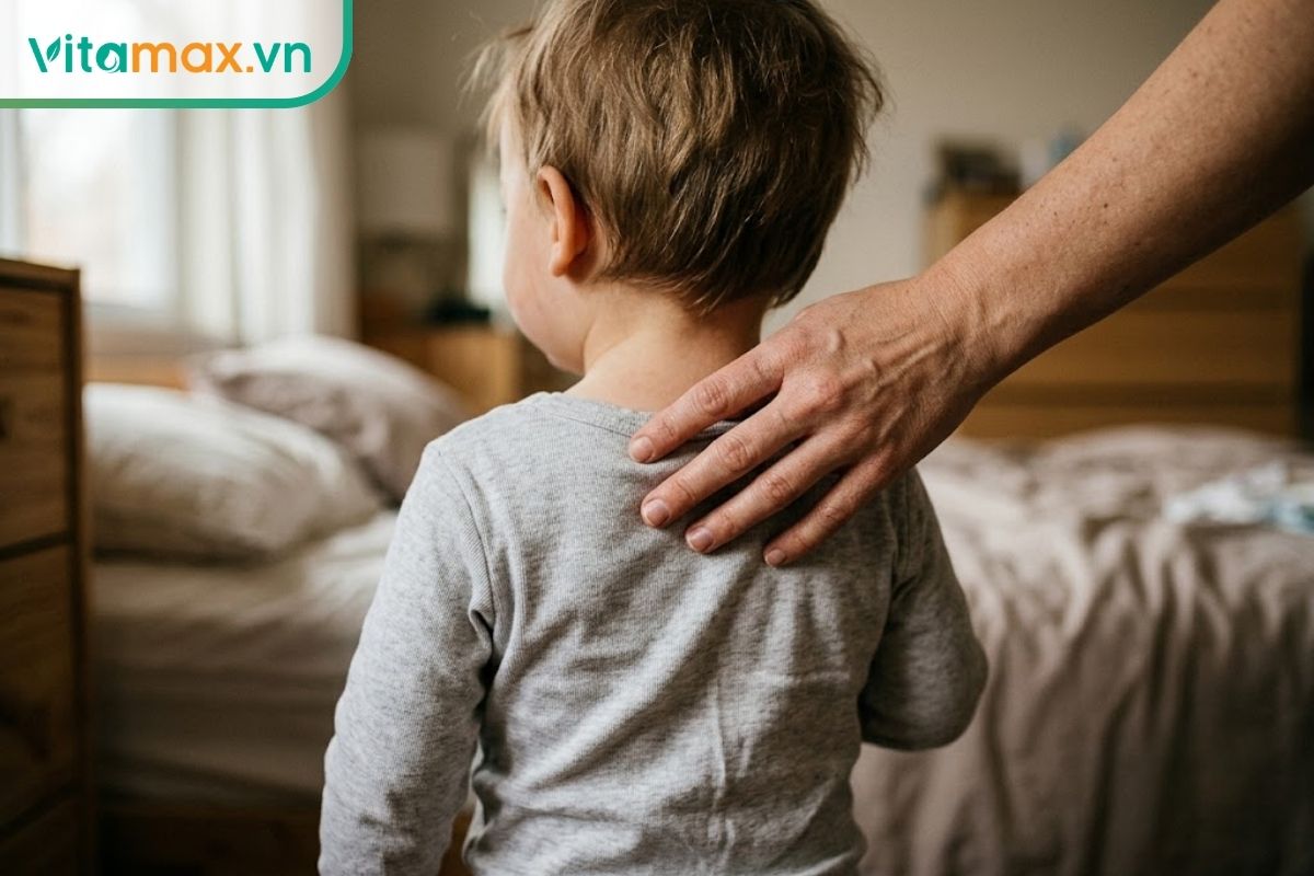 Cận cảnh bàn tay người mẹ đang luồn nhẹ vào sau gáy và lưng áo của một em bé mặc áo cotton dài tay để kiểm tra xem trẻ có bị đổ mồ hôi do ủ quá ấm hay không.