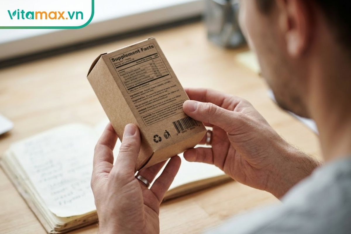 Hai bàn tay đang cầm một hộp bao bì cao cấp bằng giấy kraft cứng cáp, ngón tay chỉ vào phần nhãn phụ có in thông tin chi tiết ở mặt sau hộp để kiểm tra thành phần.