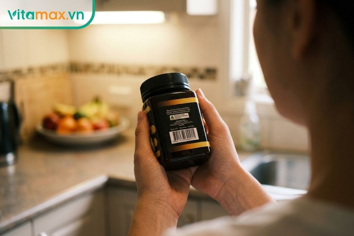 Người tiêu dùng đang cầm hũ mật ong trên tay và đọc kỹ nhãn mác thành phần để đảm bảo chọn đúng mật ong nguyên chất không pha tạp.