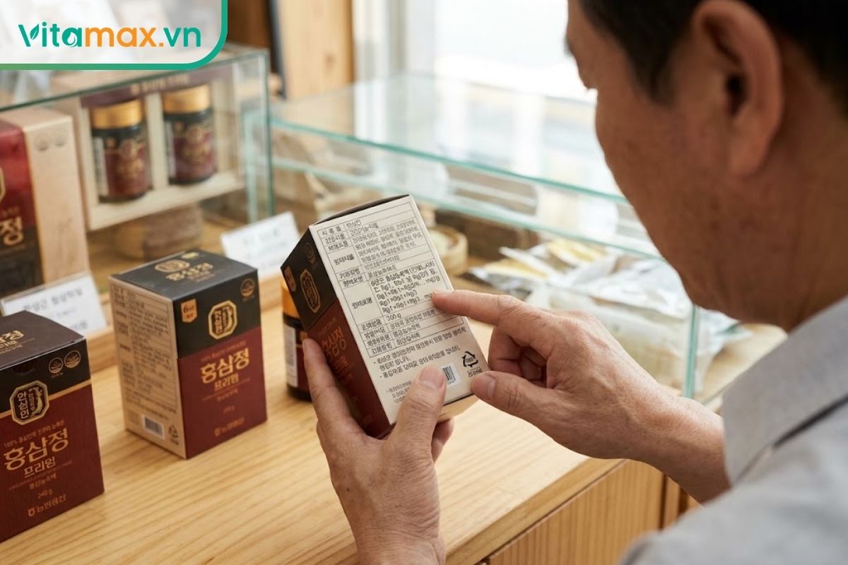 Người mua cầm hộp cao hồng sâm Hàn Quốc thật và kiểm tra bảng thành phần, tỷ lệ cao sâm cùng thông tin ginsenoside trên nhãn.