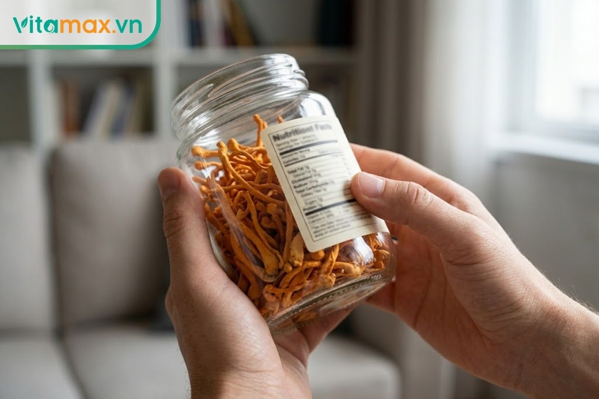 Cận cảnh hai bàn tay đang cầm một lọ thủy tinh chứa đông trùng hạ thảo sấy khô và đọc kỹ thông tin trên nhãn mác.