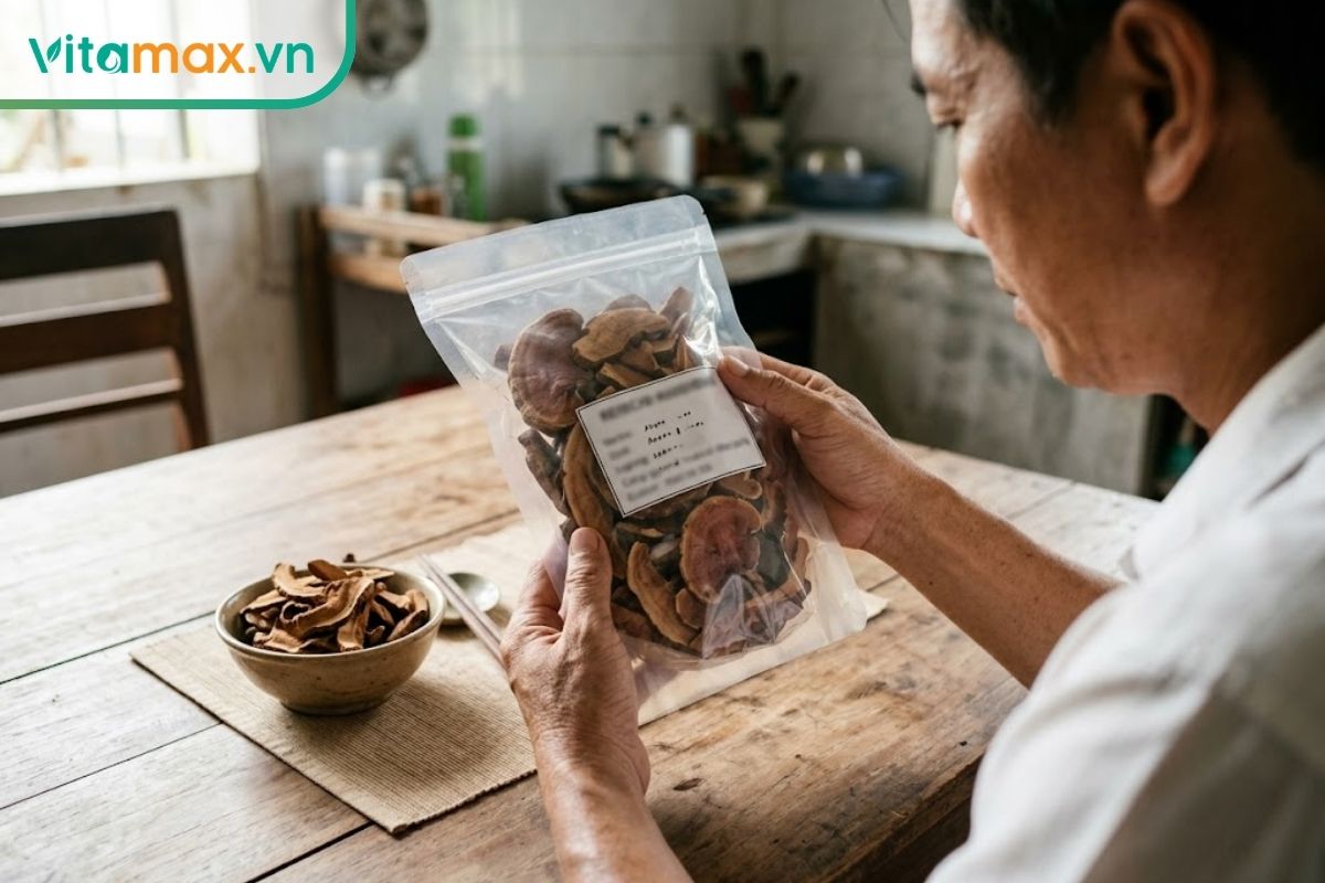 Bàn tay kiểm tra bao bì nấm linh chi khô, đặt cạnh túi nấm thật và phần nhãn thông tin sản phẩm dưới ánh sáng tự nhiên.