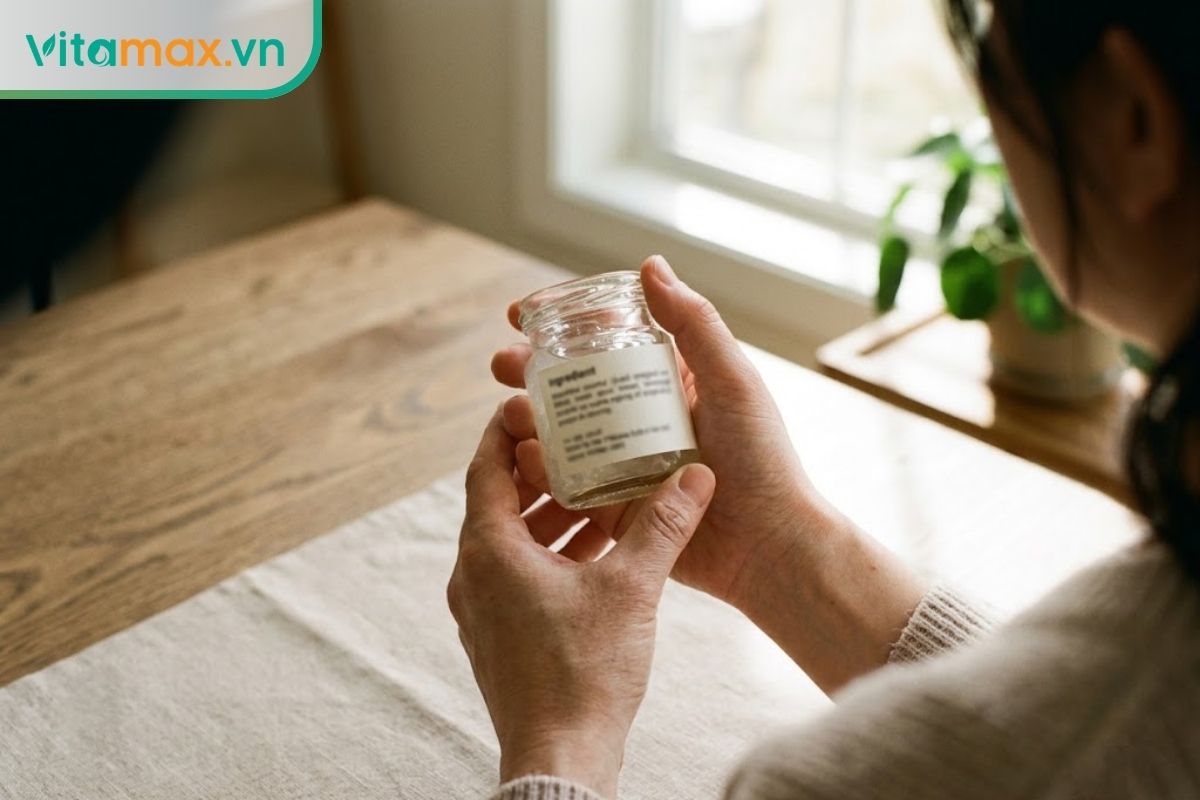 Cận cảnh từ vai nhìn xuống một người đang cầm hũ thủy tinh nhỏ, tập trung đọc nhãn thông tin thành phần sản phẩm dưới ánh sáng tự nhiên.