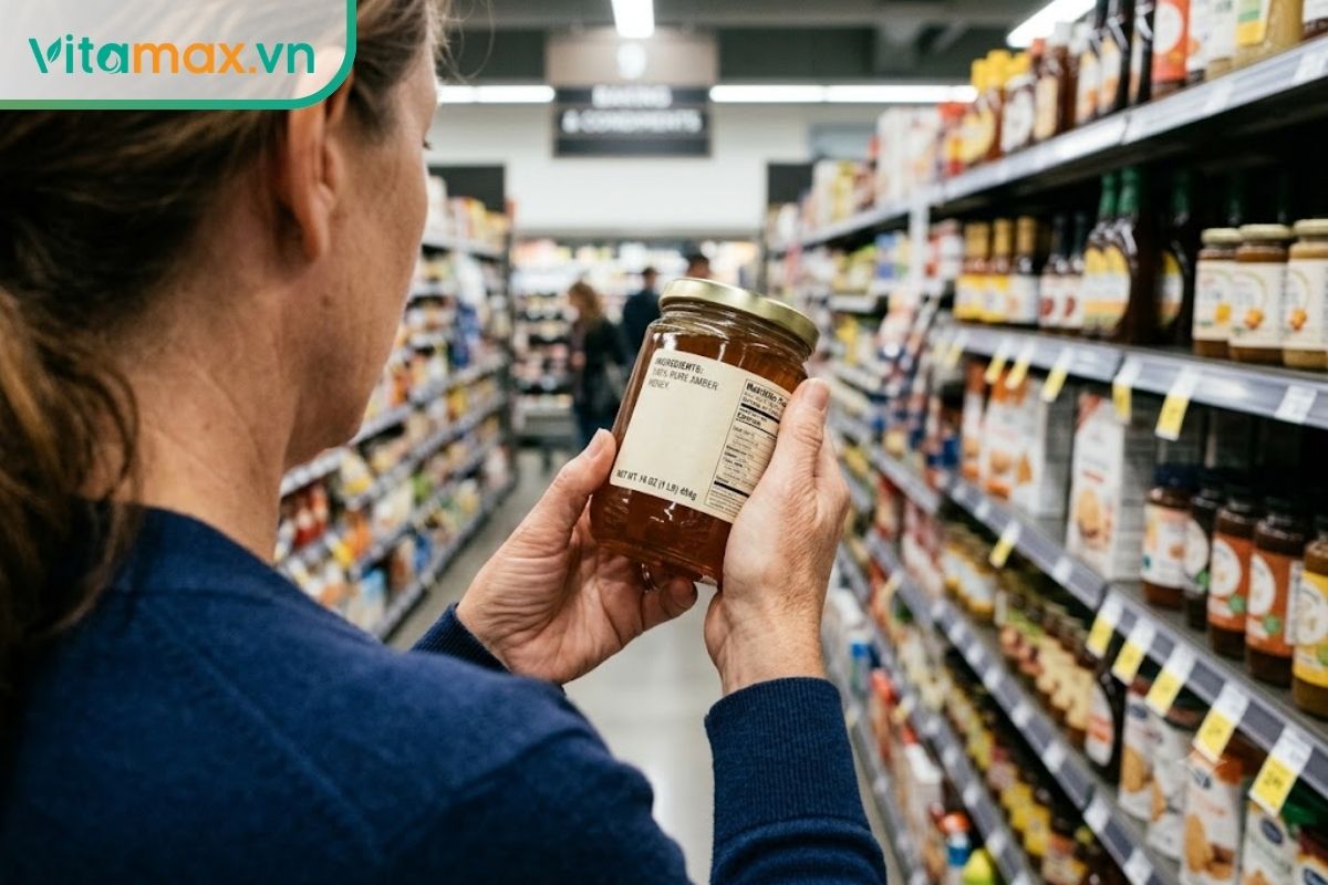 Góc chụp qua vai một người đang cầm hũ mật ong bằng kính, chăm chú đọc thông tin nhãn mác thành phần phía sau lưng hũ tại lối đi siêu thị.