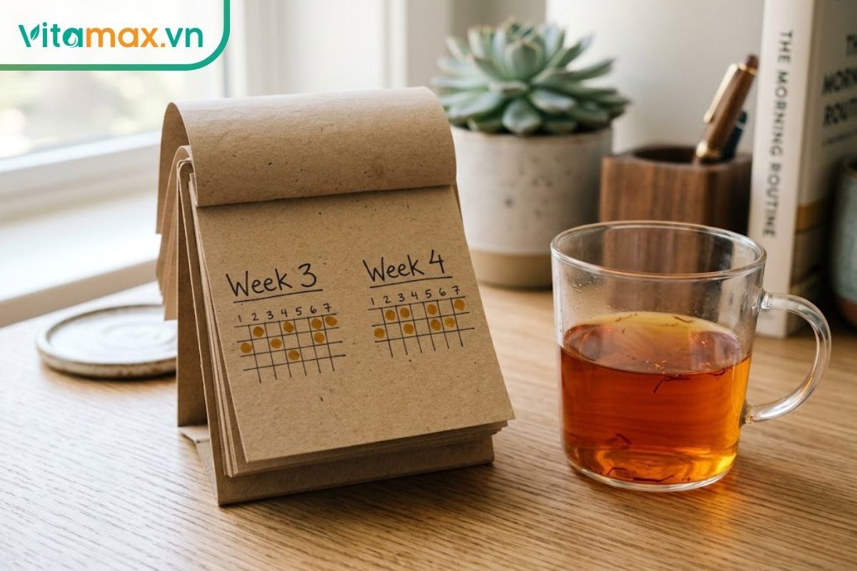 Cận cảnh một cuốn lịch để bàn nhỏ gọn với các trang được làm bằng giấy craft mộc mạc. Các ô ngày trong các tuần đầu tiên được đánh dấu nhẹ nhàng bằng mực màu vàng cam. Bên cạnh cuốn lịch là một cốc trà saffron màu vàng cam đã cạn một nửa. Ánh sáng ban mai.