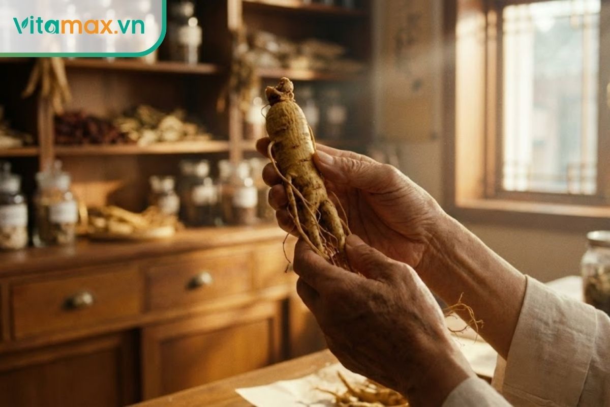 Chuyên gia đang kiểm tra kỹ lưỡng chất lượng củ sâm bằng kính lúp.