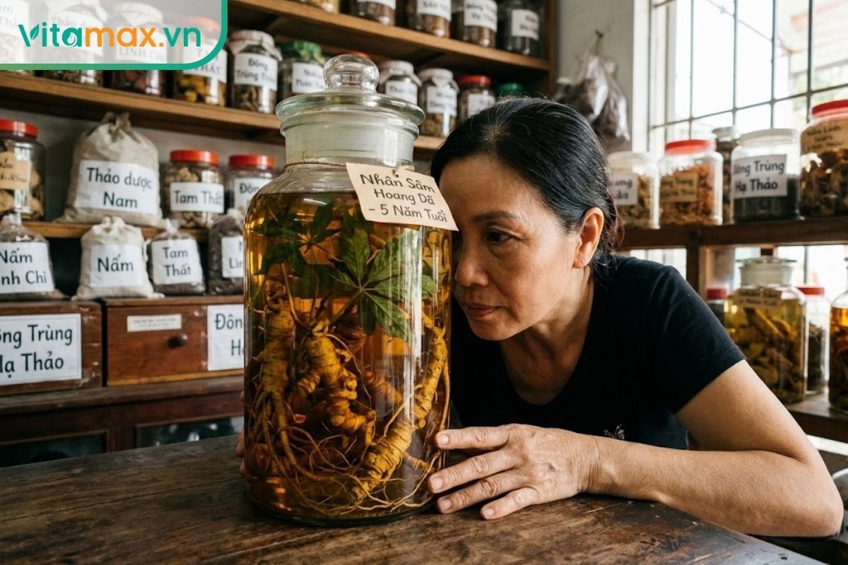 Khách hàng đang xem xét kỹ lưỡng bình rượu sâm Ngọc Linh tại một cửa hàng dược liệu để kiểm tra chất lượng củ sâm bên trong trước khi mua.