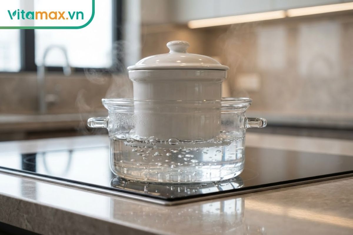 Hình ảnh minh họa phương pháp chưng cách thủy với thố sứ đặt trong nồi nước đang sôi lăn tăn, đảm bảo nhiệt độ ổn định.