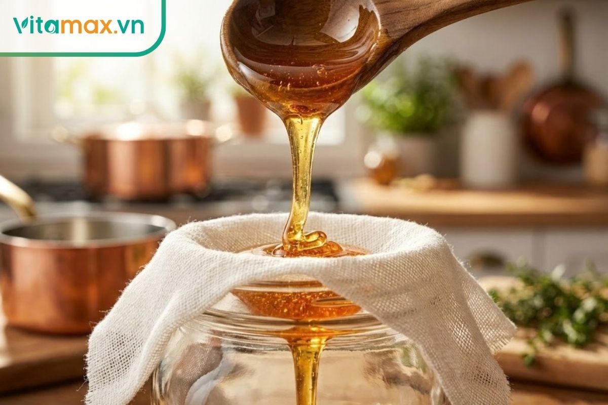 Dòng mật ong vàng óng chảy qua lớp vải màn trắng căng trên miệng hũ thủy tinh, loại bỏ hoàn toàn cặn sáp.