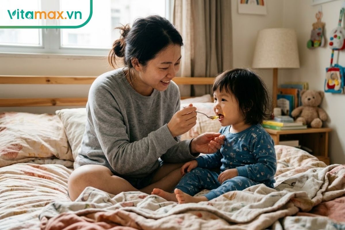 Mẹ cẩn thận đút từng thìa nhỏ nước lá hẹ hấp mật ong cho bé trên một tuổi để hỗ trợ giảm ho nhẹ.