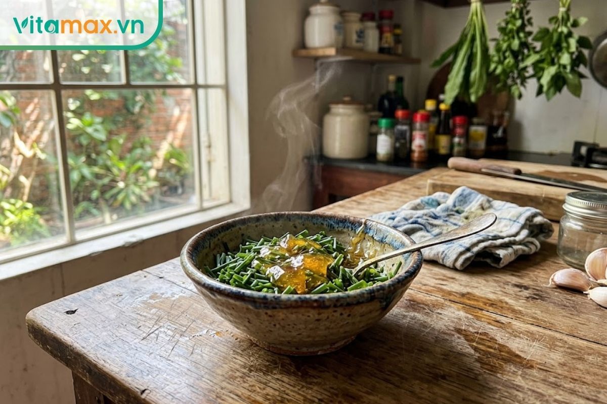 Một bát lá hẹ tươi hấp mật ong ấm nóng giúp làm dịu cổ họng và hỗ trợ giảm ho tự nhiên tại nhà.