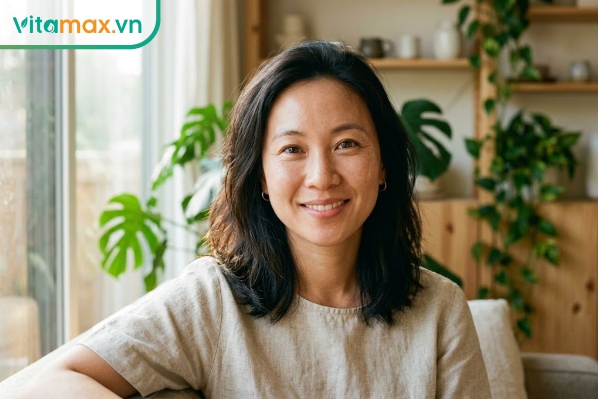 Chân dung cận cảnh một phụ nữ Á Đông ở độ tuổi 30 có làn da mộc căng bóng, khỏe mạnh tự nhiên, đang mỉm cười nhẹ nhàng dưới ánh nắng ban mai.
